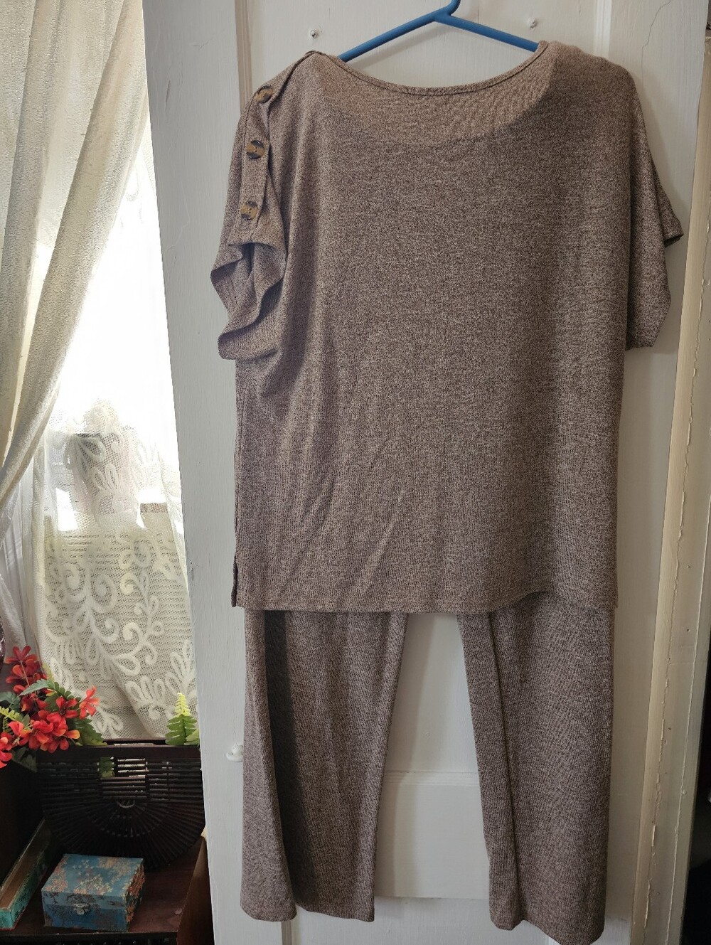 Chic Taupe Short Sleeve V-Neck Top with Button-Shoulder Detail